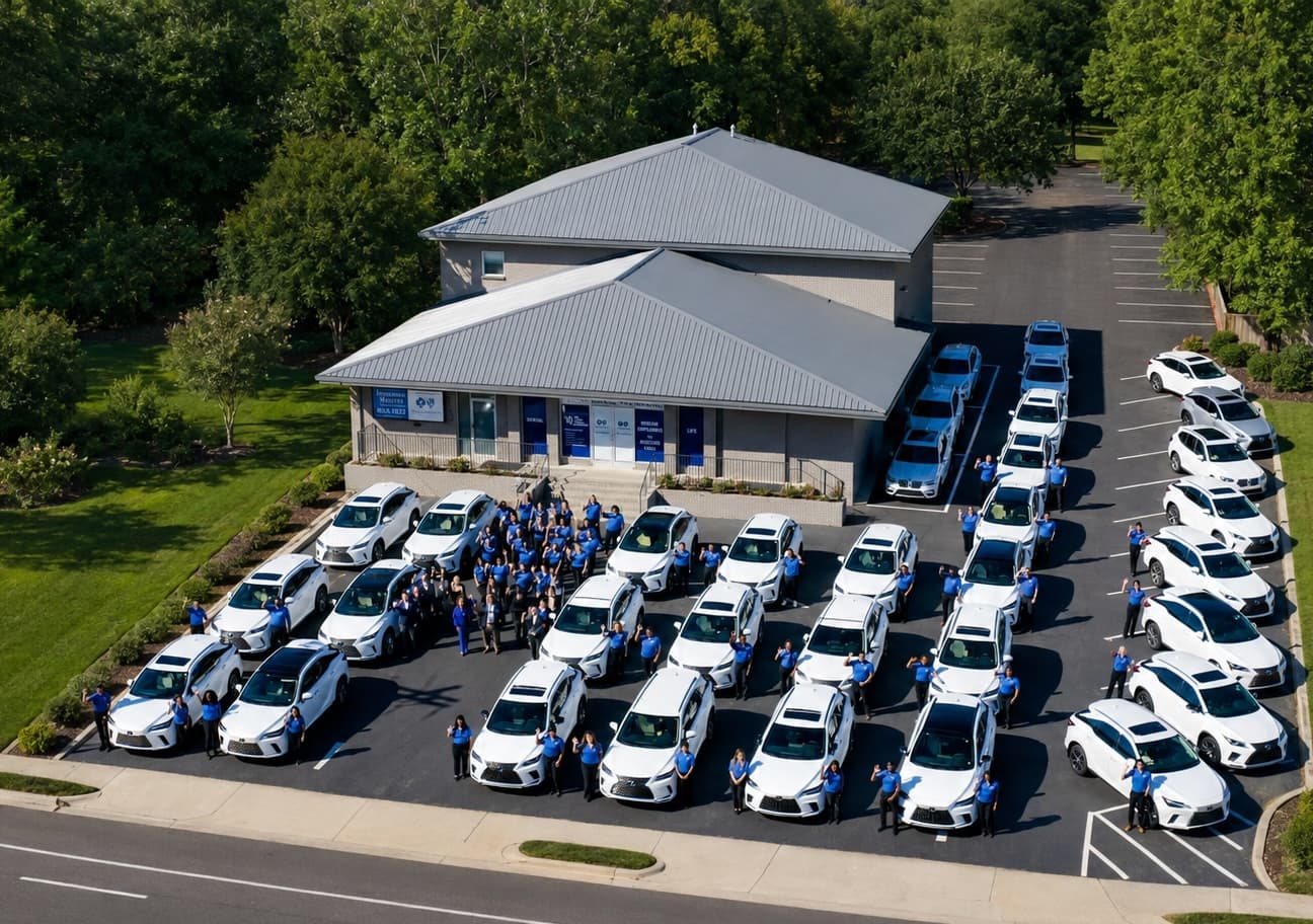 Aerial view of the Insurance Masters headquarters in North Augusta, SC, with the team and company vehicles